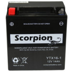 A Scorpion YTX16-BS Battery. Black casing with box style lead terminals.