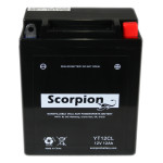 A Scorpion YT12CL Battery. Black casing with rounded lead terminals.