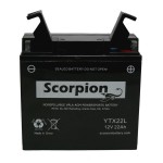 A Scorpion YTX22L / YT51913-22 Battery. Black casing with lead brass terminals.