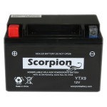 A Scorpion YTX9-BS Battery. Black casing with box style lead terminals.