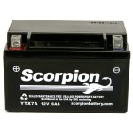 A Scorpion YTX7A Battery. Black casing with box style lead terminals.