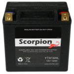 A Scorpion hYTX14HL Battery. Black casing with flush mount brass terminals.