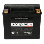 A Scorpion hYTX20DHL Battery. Black casing with flush mount brass terminals.