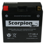 A Scorpion YT14B-4 Battery. Black casing with box style brass terminals.