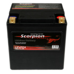 A Scorpion SSHVT-2-FFP Battery. Black casing with side terminals.