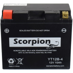 A Scorpion YT12B-4 Battery. Black casing with brass terminals.