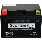 A Scorpion YT12A-BS Battery. Black casing with brass terminals.