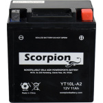 A Scorpion YT10L-A2 Battery. Black casing with lead terminals.