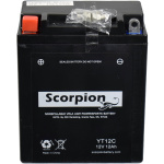 A Scorpion YT12C Battery. Black casing with rounded lead terminals.