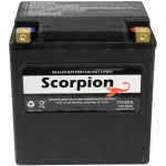 A Scorpion hYIX30HL Battery. Black casing with flush mount brass terminals.