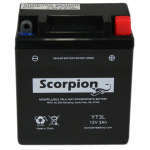 A Scorpion YT3L Battery. Black casing with rounded lead terminals.