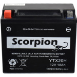 A Scorpion YTX20H Battery. Black casing with box-style lead terminals.