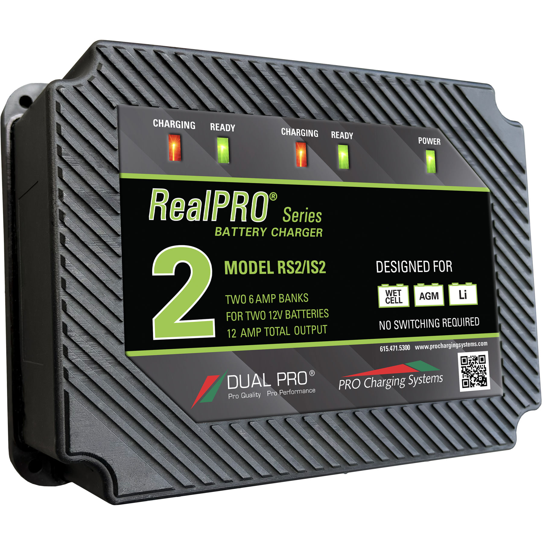 Dual Pro RS2: RealPRO 12-Amp 2-Bank (2) 12v 6A Banks Waterproof Battery Charger by Pro Charging Systems