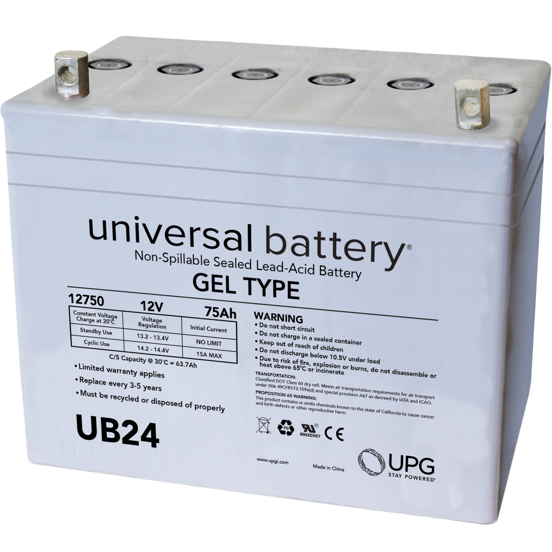 Universal 12v 75 AH Deep Cycle Sealed Gel Battery UB24
