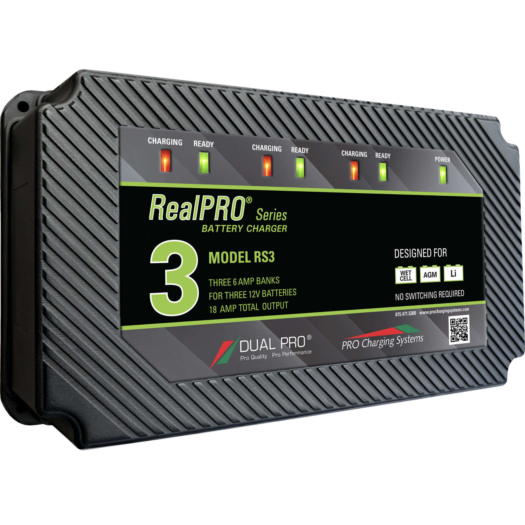Dual Pro RS3: RealPRO 18-Amp 3-Bank (3) 12v 6A Banks Waterproof Battery Charger by Pro Charging Systems