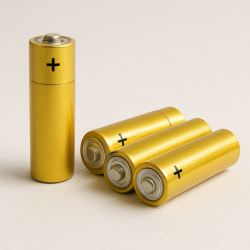 Picture of three AA Batteries. One standing up and the others laying down on a white background.