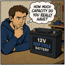Picture of a comic-looking image that shows a guy looking at a 12v deep cycle battery, with the question: How much capacity do you really have?