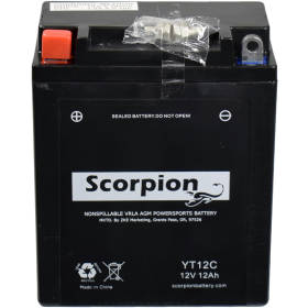 Scorpion YT12C Motorcycle Battery (YB12A-A Replacement) - 12v 165 CCA Sealed AGM Battery