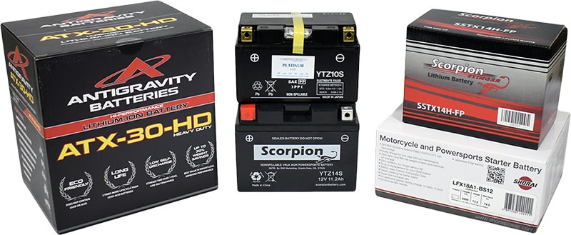 Image of five motorcycle batteries we carry from various manufacturers.