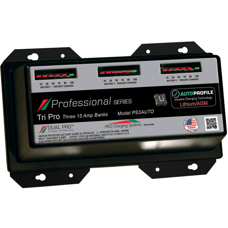 Dual Pro PS3AUTO | Professional Series 45-Amp 3-Bank (3) 12v 15A Banks Lithium/AGM Marine Charger