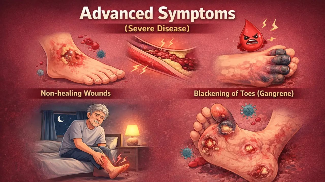 Symptoms of PAD, including leg pain, cramping while walking, cold feet, and poor blood circulation signs