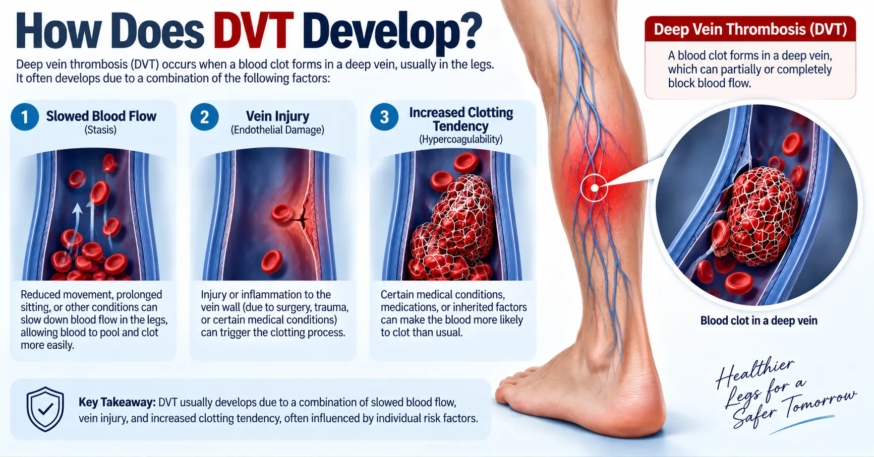 Medical illustration showing how deep vein thrombosis (DVT) develops through slowed blood flow, vein injury, and increased clotting tendency