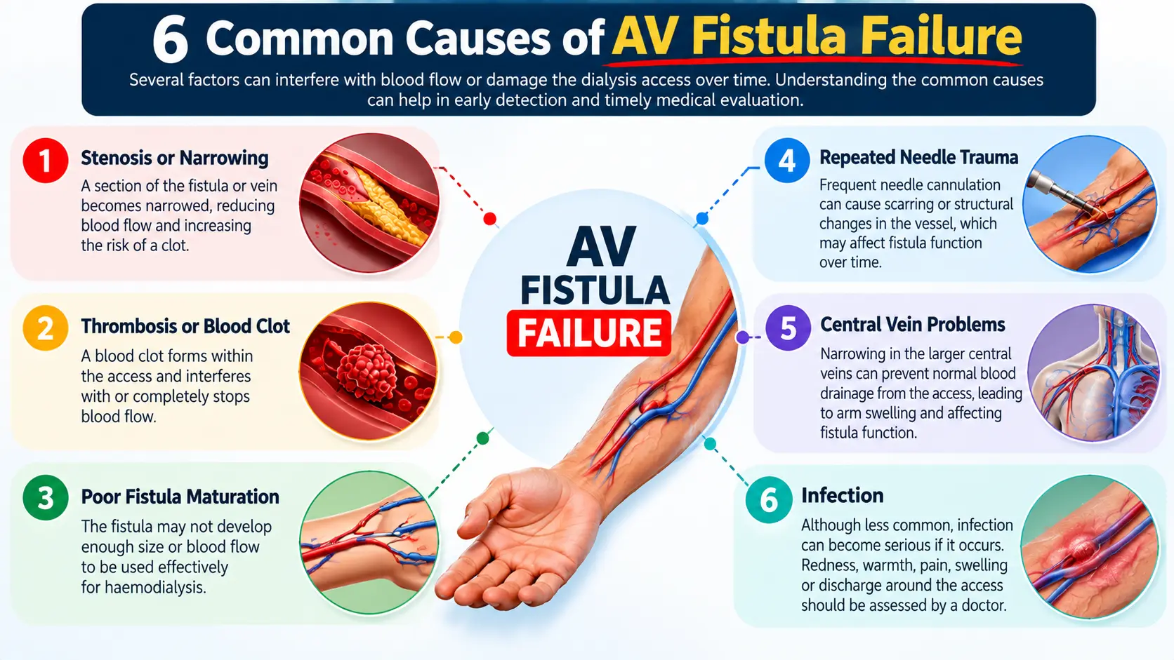 6 common causes of AV fistula failure including stenosis, thrombosis, poor maturation, needle trauma, central vein problems and infection