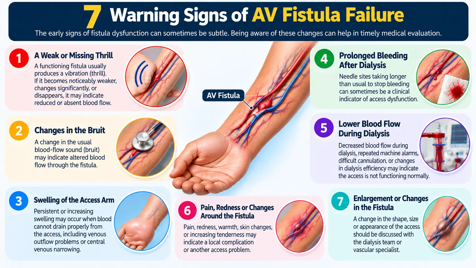 7 warning signs of AV fistula failure including weak thrill, changes in bruit, arm swelling, prolonged bleeding, lower blood flow during dialysis, pain or redness, and fistula enlargement