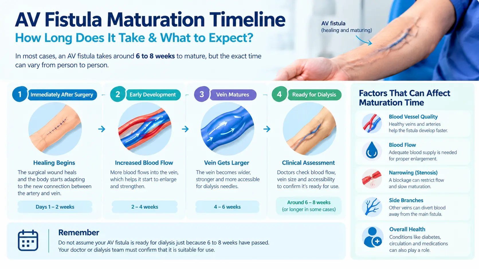 AV fistula maturation timeline showing healing stages and typical 6 to 8 week development period