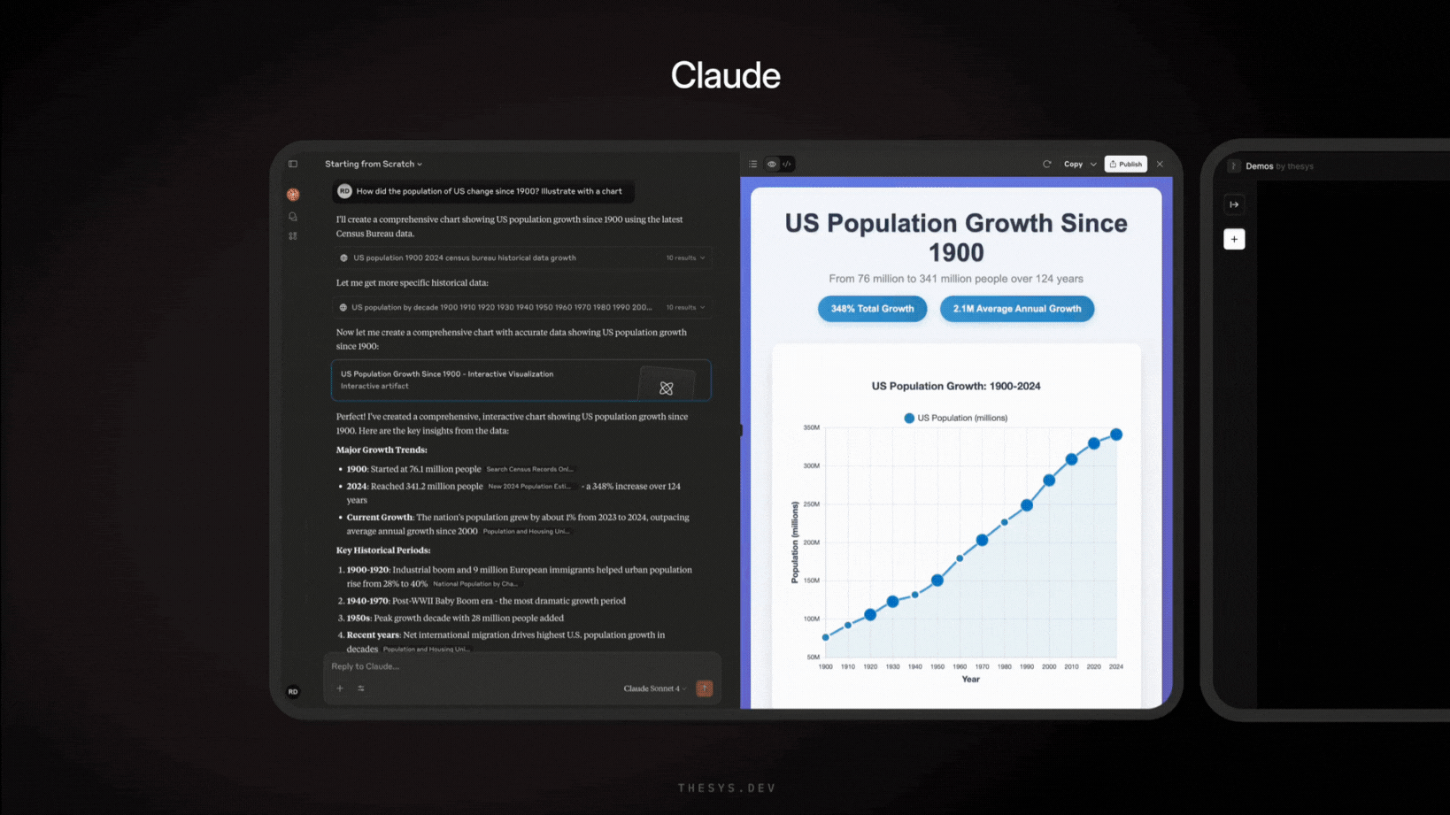 Interactive response for the query 'How did the population of US grow since 1900' generated via Claude vs C1.