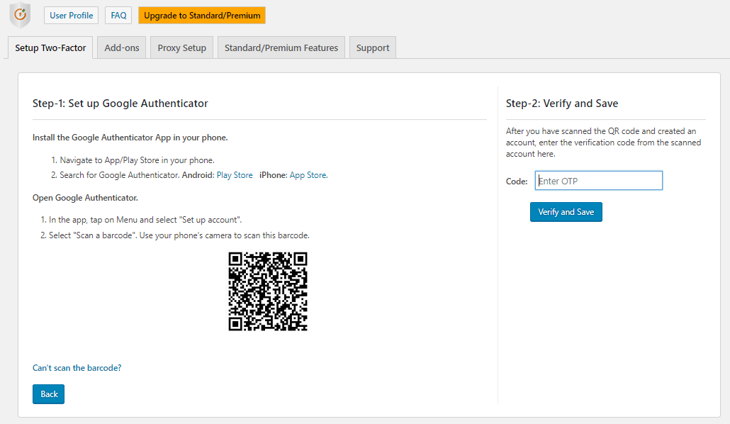 miniOrange 2 Factor AuthenticationプラグインのGoogle認証設定画面