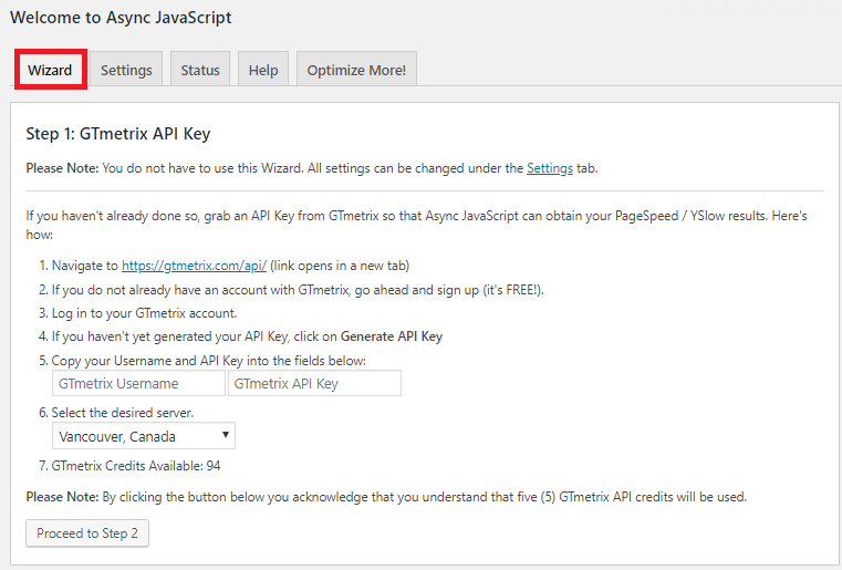 Async Javascriptプラグインのウィザード画面