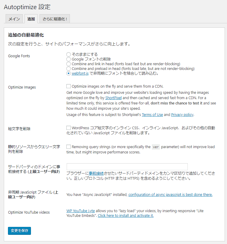Autoptimizeプラグインの追加設定画面