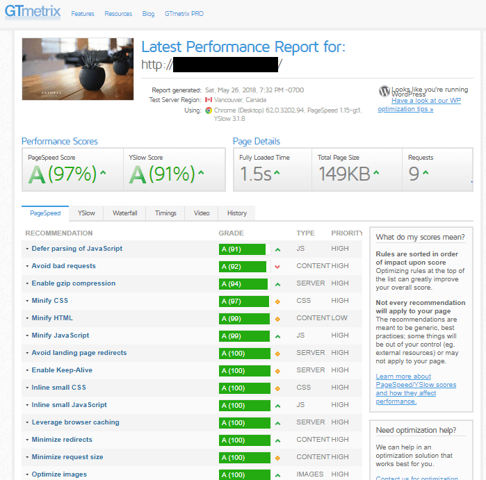GTmetrixによるスピードテスト結果の1枚目を表示しています