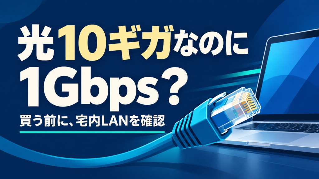 光10ギガなのに1Gbps？買う前に宅内LANを確認。LANケーブルとパソコンを描いた記事カバー。