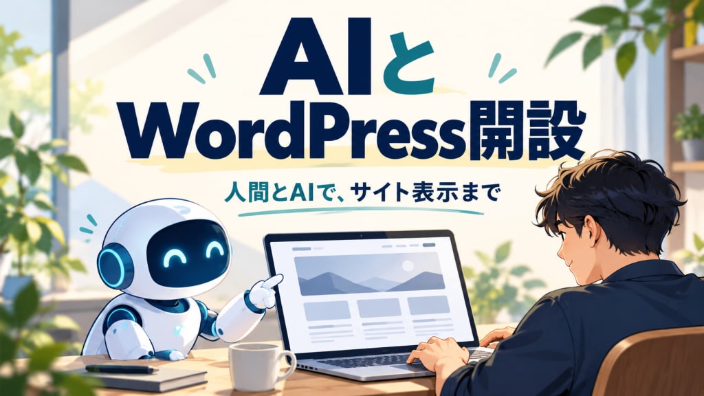 AIとWordPress開設。人間とAIが協力してサイトを作る様子を描いたイメージ。実際の管理画面ではありません。