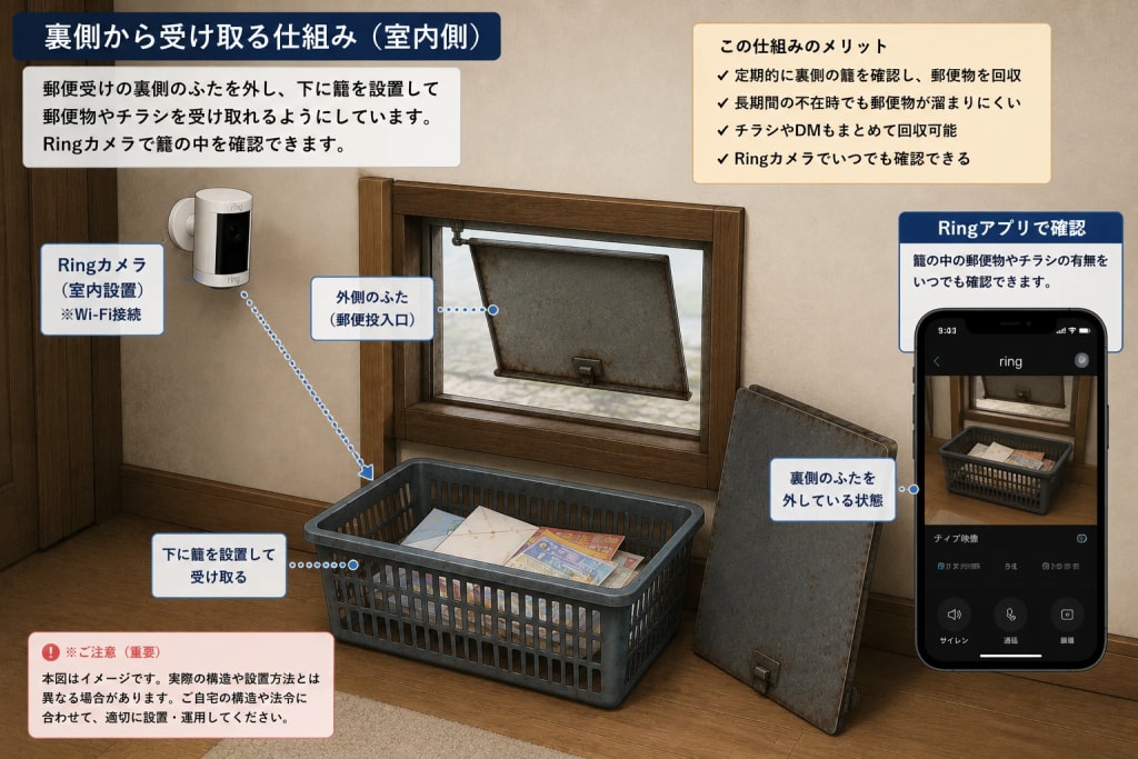 空き家の郵便受け管理をRingカメラで見守るイメージ図