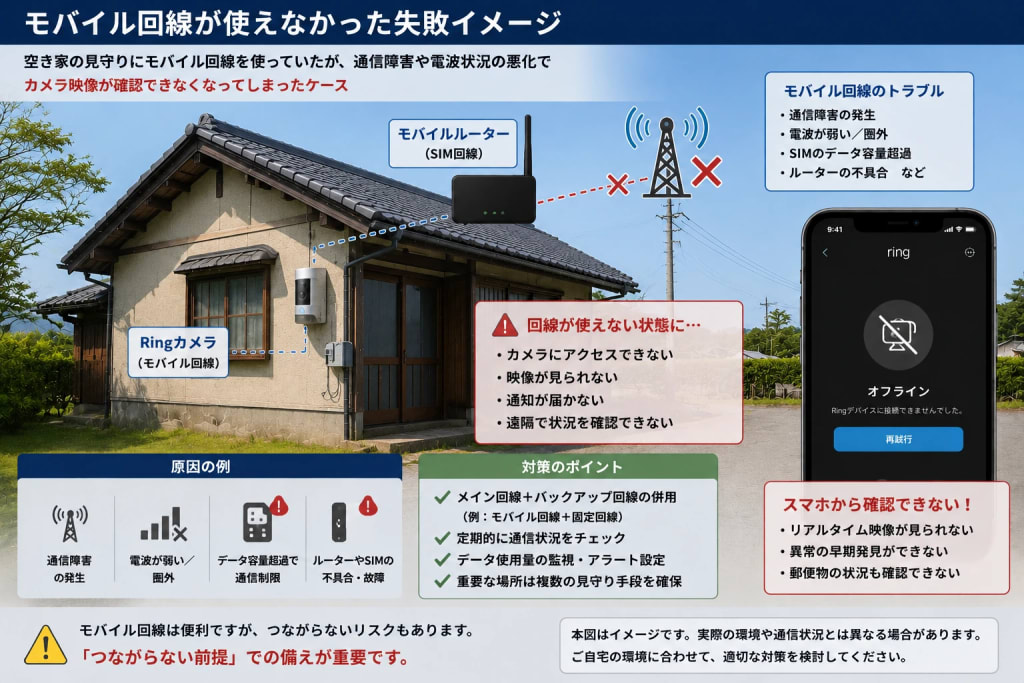 モバイル回線による空き家見守り失敗イメージ図