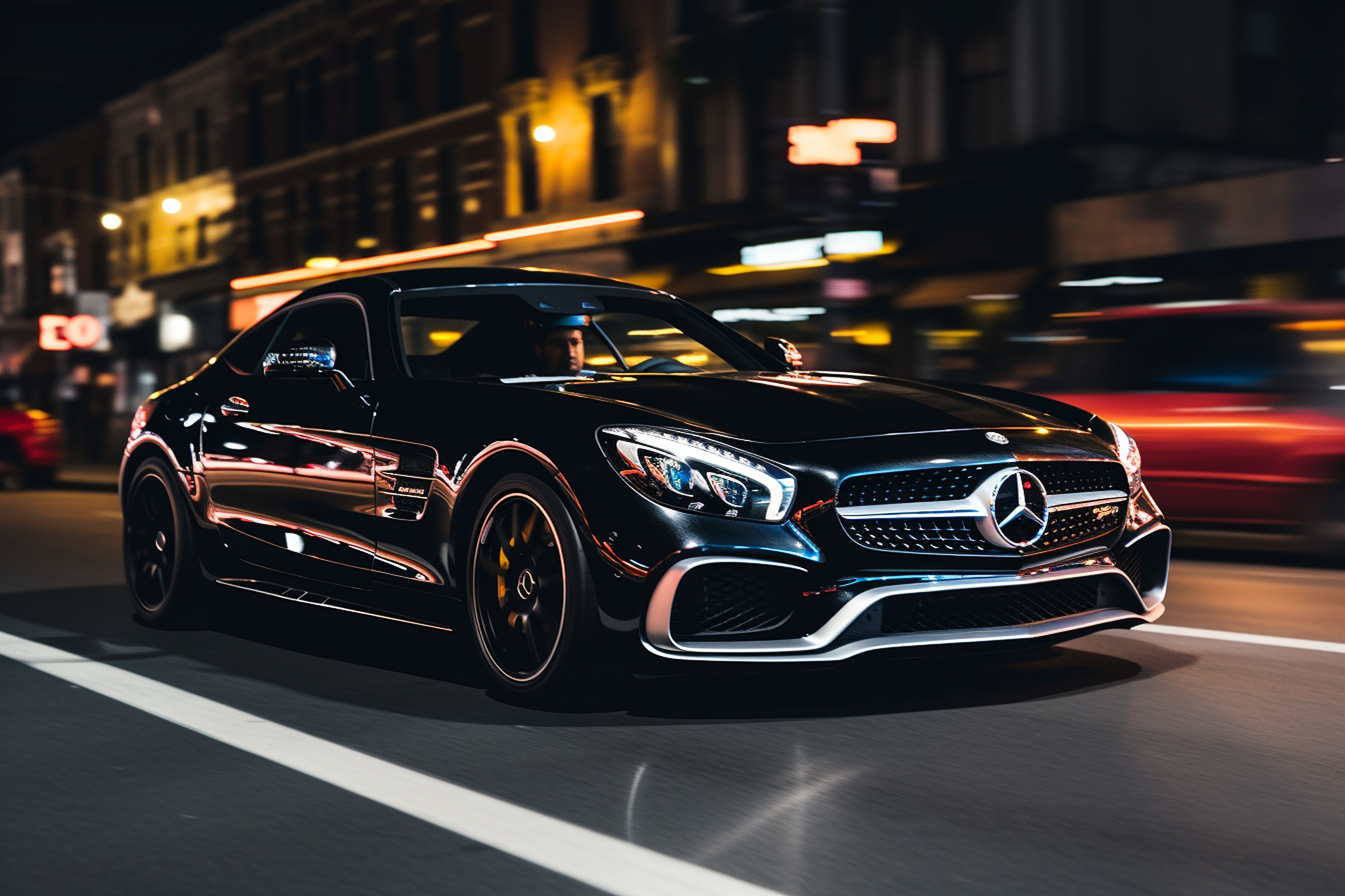mercedes car speeding along city night in dubai street
