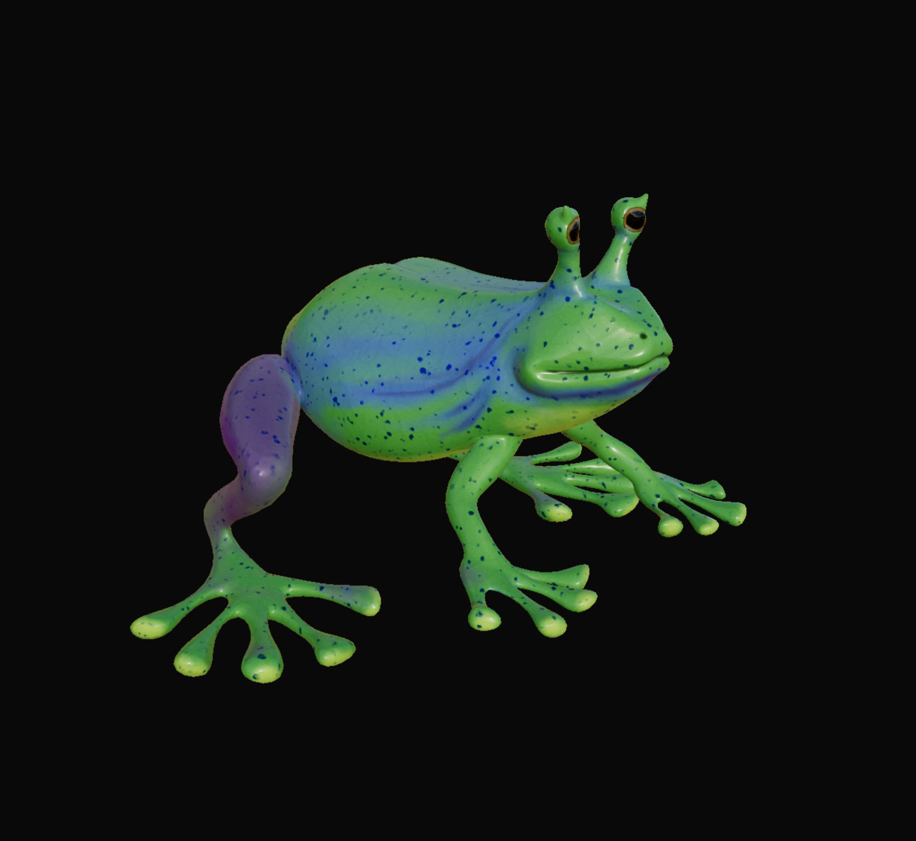 A 3D Model of a colourful mutated frog with snail-like eyes.