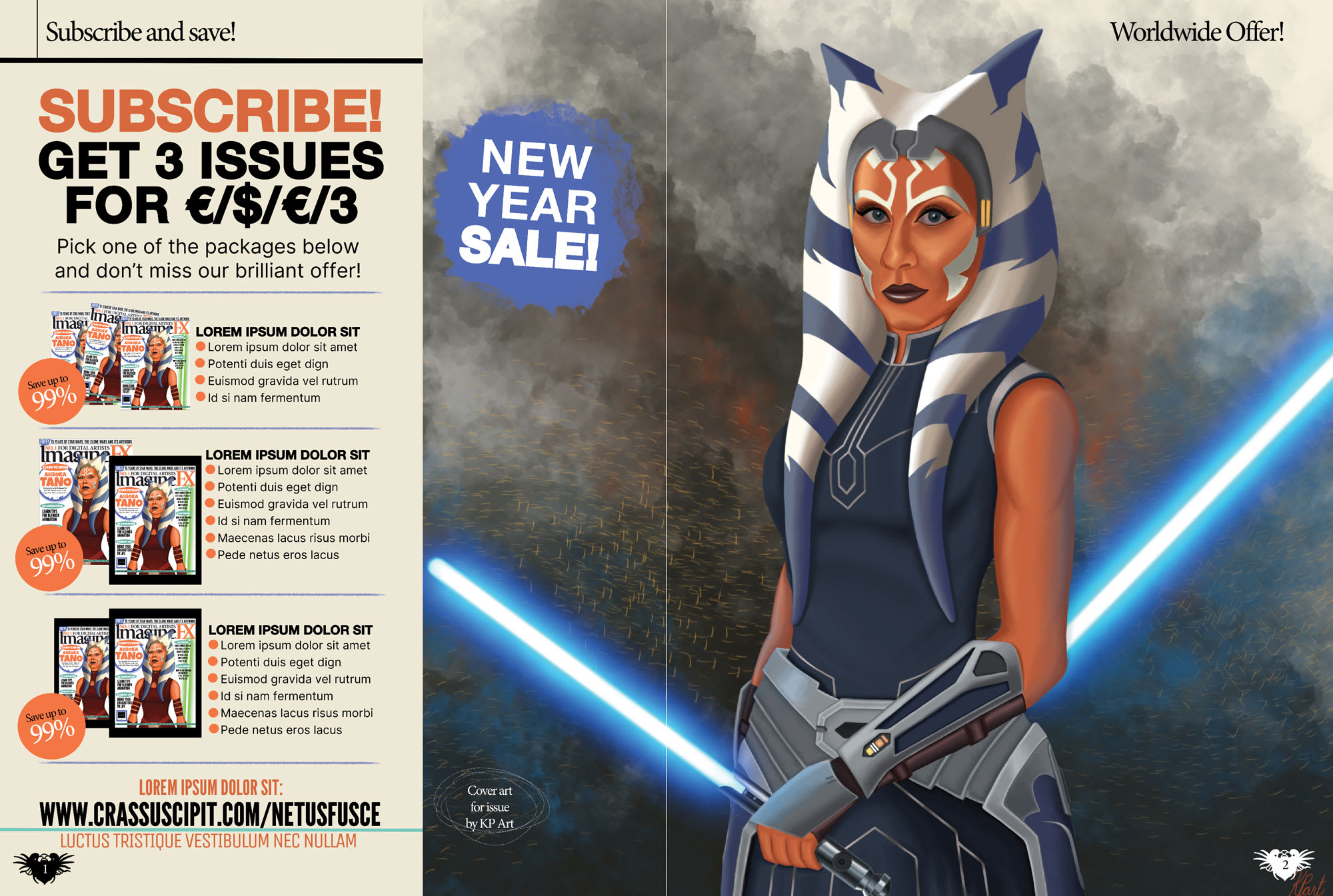 Magazine interior with a subscribe and second piece of Ahsoka art.