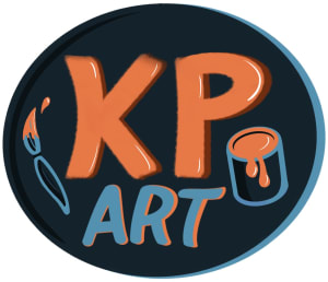 An oval-shaped orange and blue logo that says "KP Art" with a paint brush and bucket.