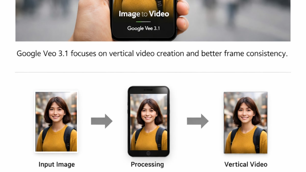 Image-to-video workflow showing Google Veo 3.1 generating vertical social media content