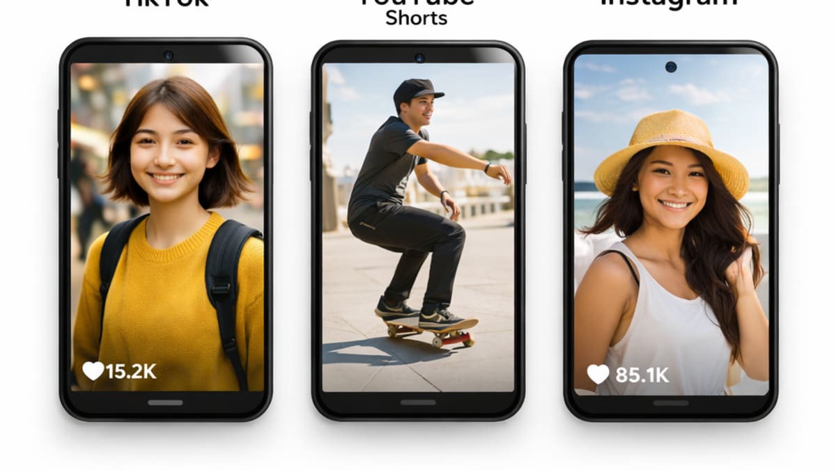 Vertical video format displayed across TikTok, YouTube Shorts, and Instagram on mobile screens