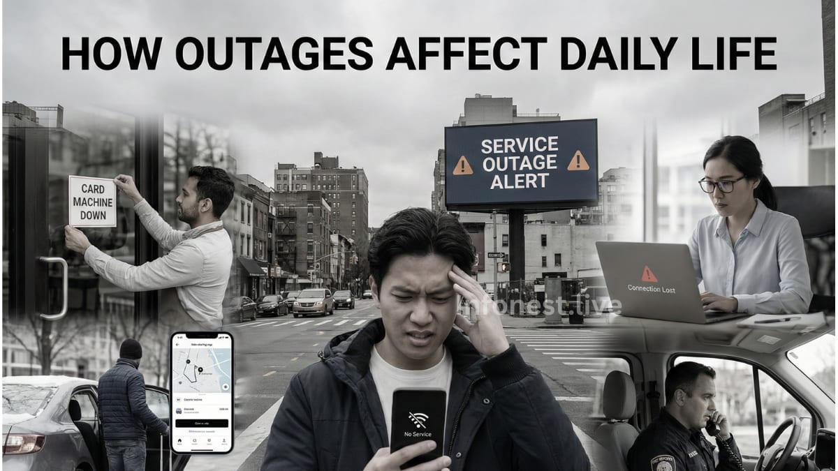 Illustration of daily disruptions caused by cellular outages, including failed mobile payments and banking app errors.