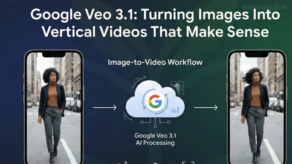 Image-to-video workflow showing Google Veo 3.1 generating vertical social media content