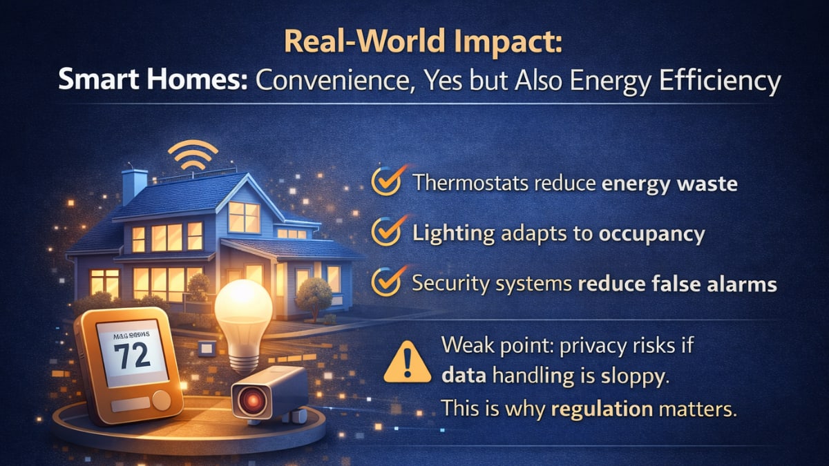 Smart home powered by AIoT showing energy-efficient thermostat control, adaptive lighting, and intelligent security systems with privacy considerations