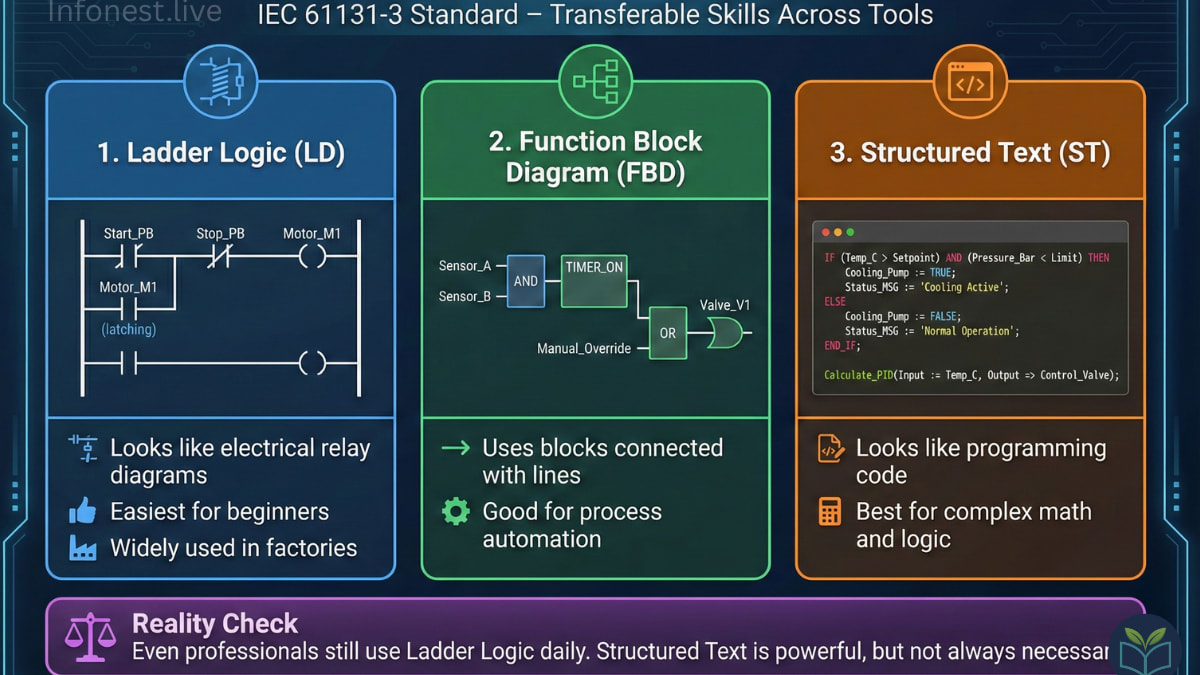 PLC programming languages overview showing Ladder Logic, Function Block Diagram, and Structured Text