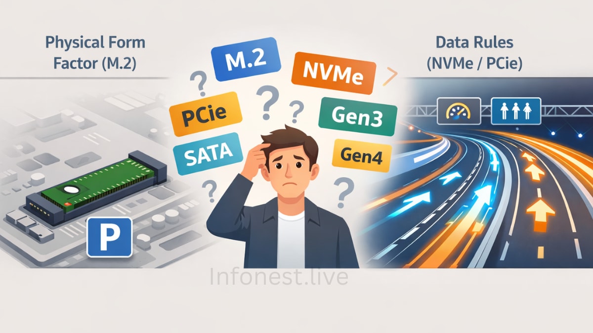 Illustration showing confusion between M.2, NVMe, PCIe, SATA, Gen3 and Gen4 storage terms with physical SSD slot and data flow comparison