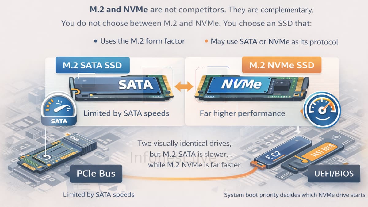 NVMe protocol illustration comparing modern NVMe SSD communication with legacy AHCI storage architecture